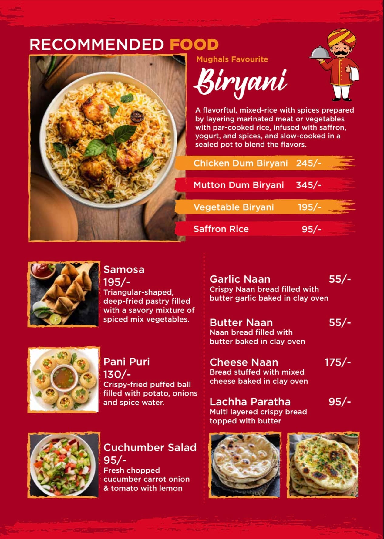 Menu page: Recommended food — Biryani, Samosa, Pani Puri, Naan and breads