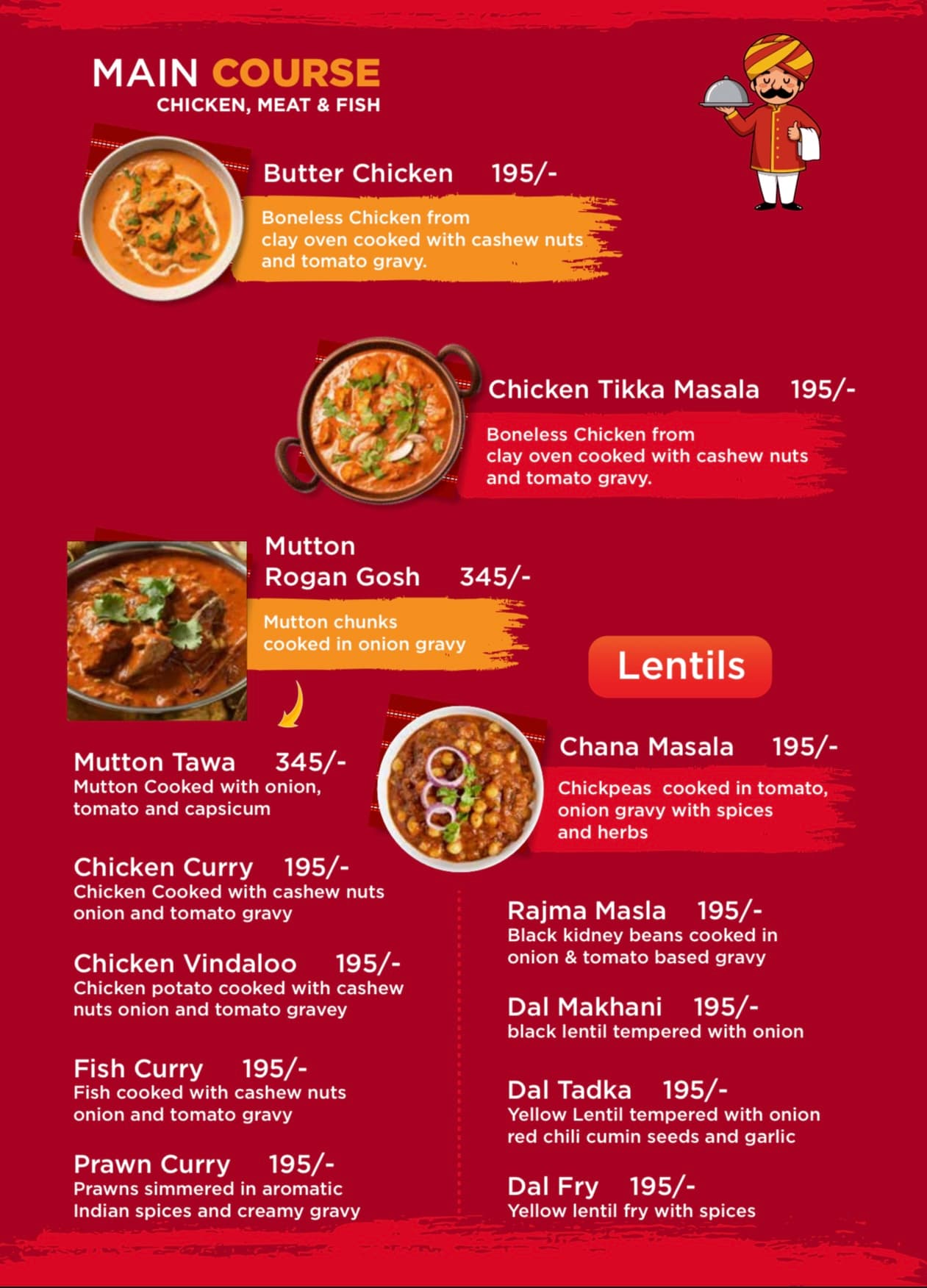 Menu page: Main course — chicken, meat, fish and lentils