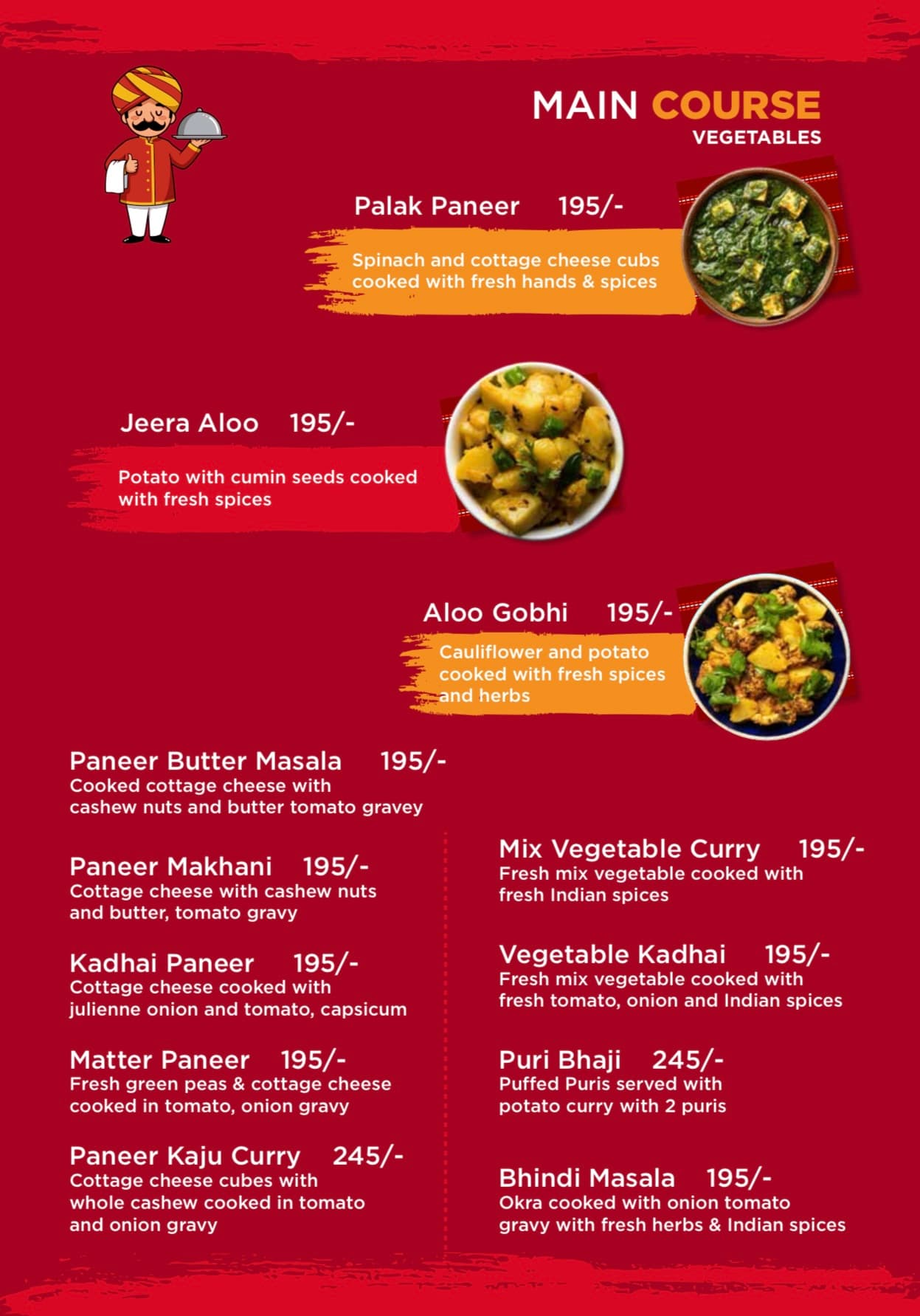 Menu page: Main course — vegetable dishes