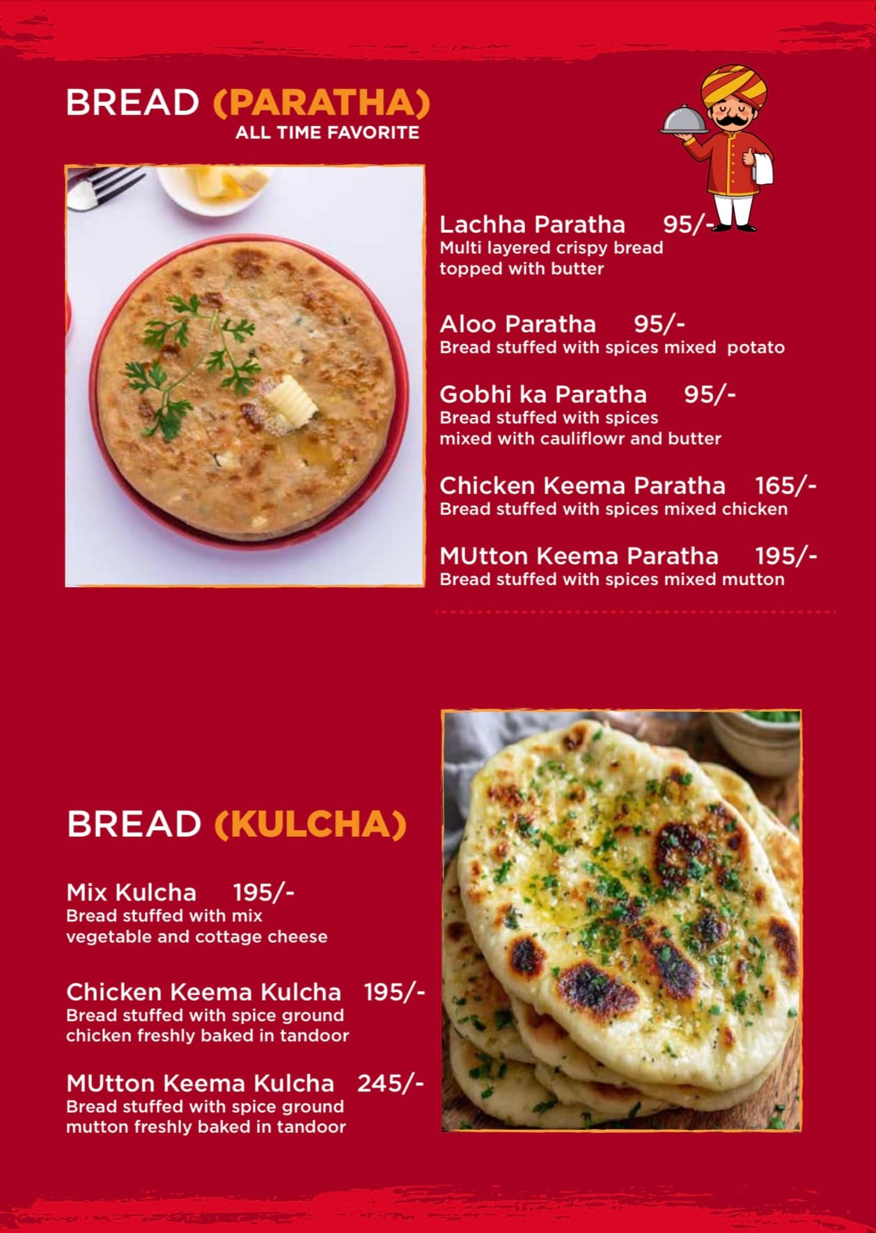 Menu page: Bread — paratha and kulcha