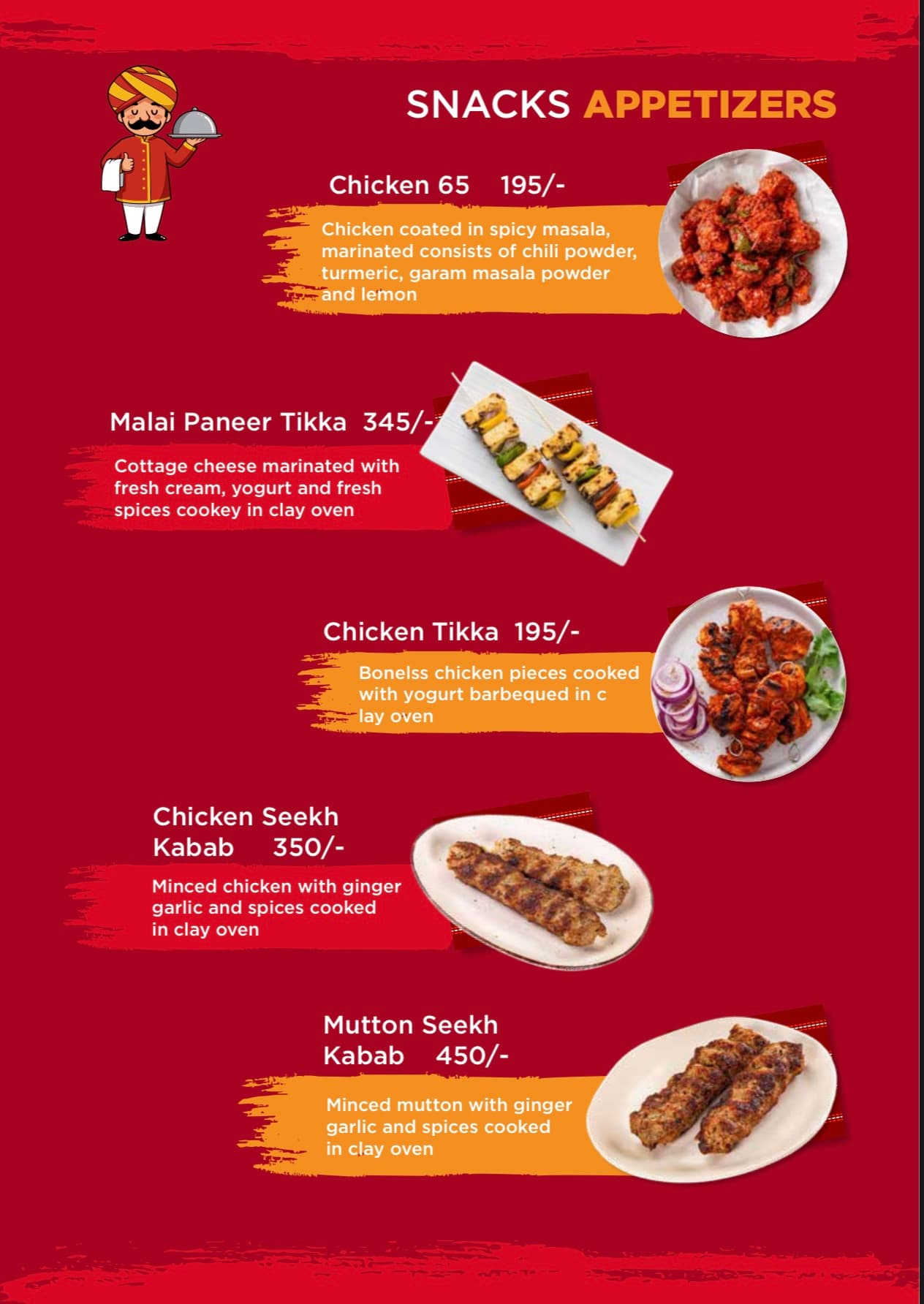 Menu page: Snacks and appetizers — tandoor specials