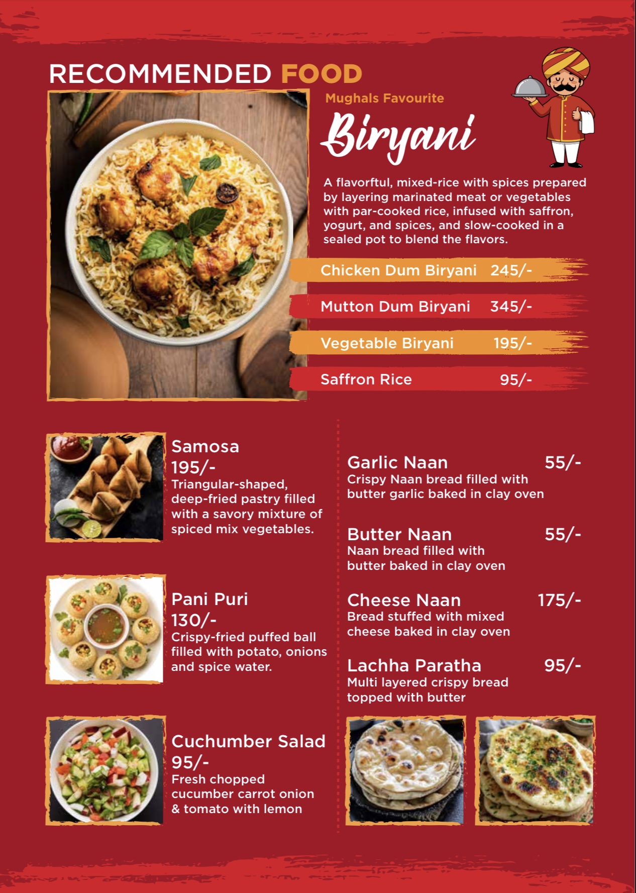 Menu page: Recommended food — Biryani, Samosa, Pani Puri, Naan and breads