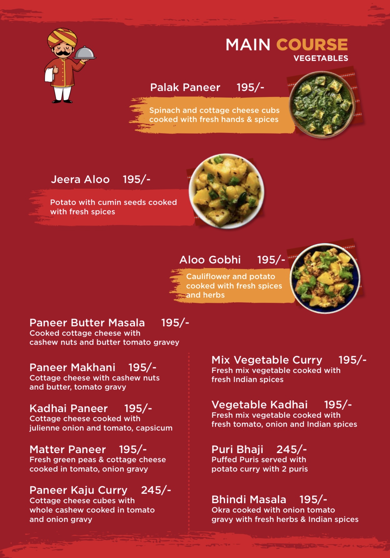 Menu page: Main course — vegetable dishes