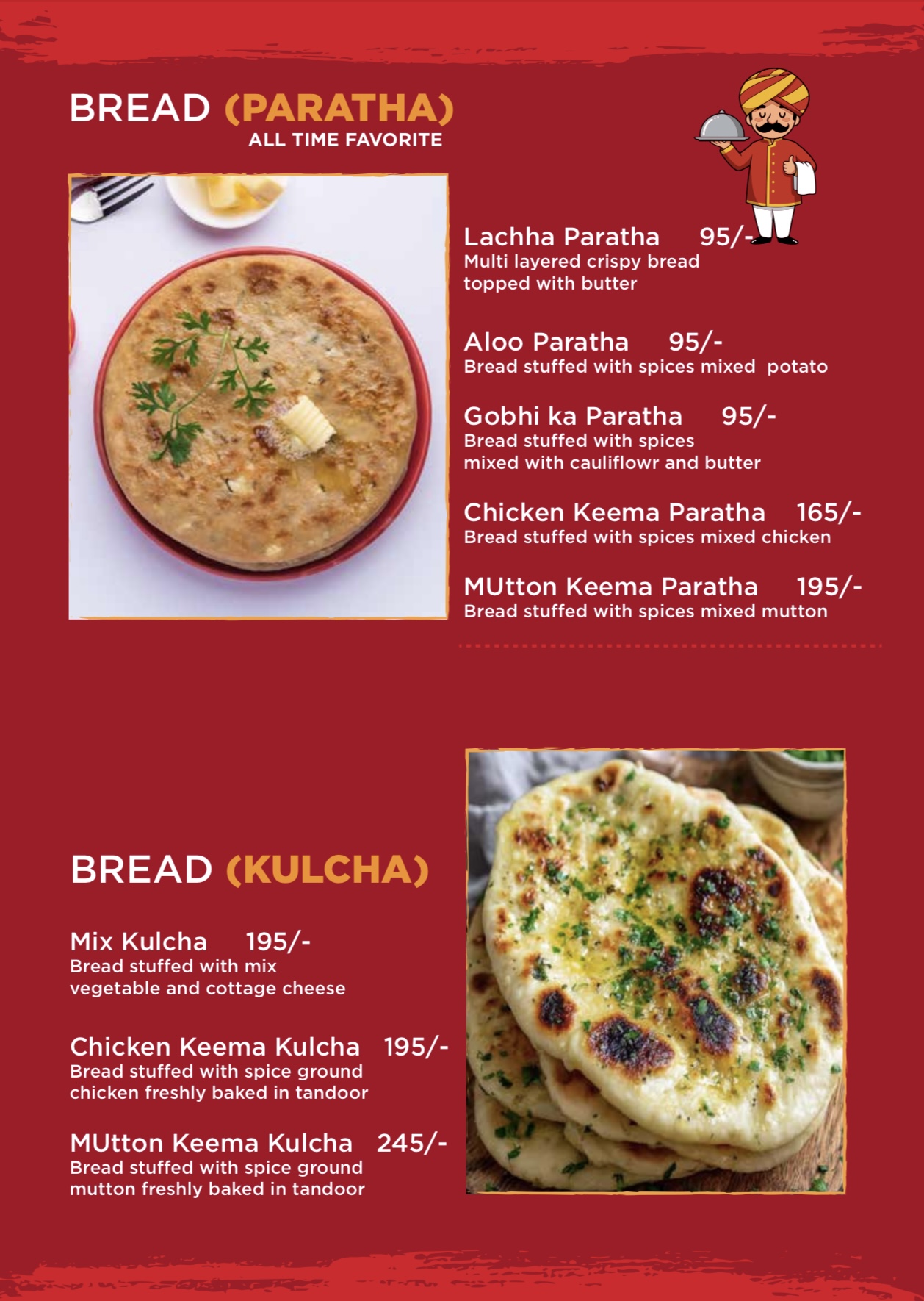 Menu page: Bread — paratha and kulcha