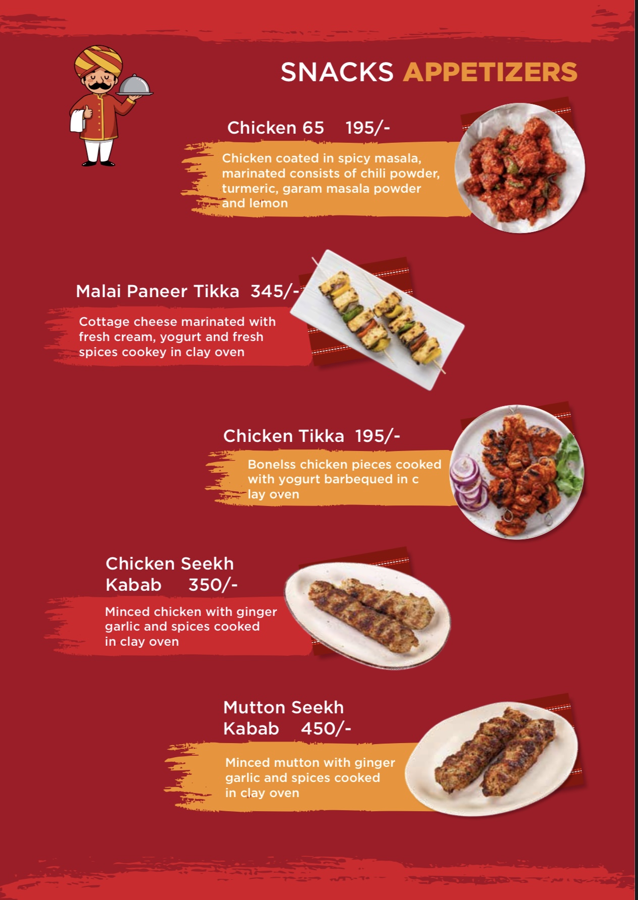 Menu page: Snacks and appetizers — tandoor specials