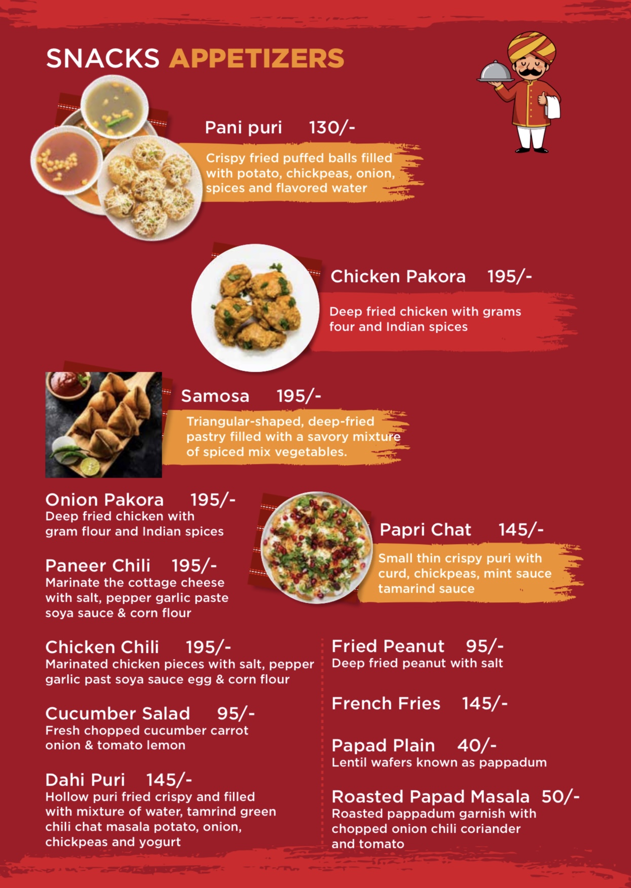 Menu page: Snacks and appetizers — chaat and fried snacks